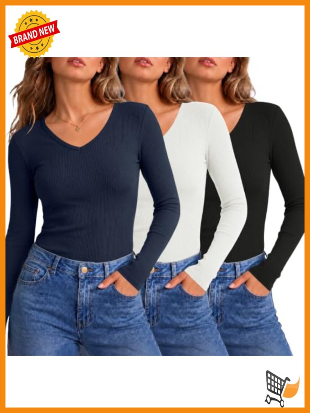 LOMON 3 Pack Women's Ribbed Knit Long Sleeve V Neck Slim Fit Tops